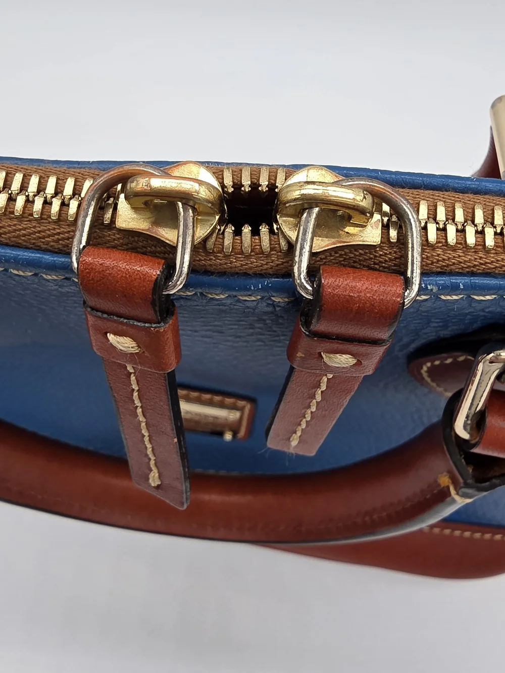 Dooney & Bourke Blue and Brown Leather Dome Satchel with Strap